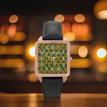 African | Ethnic | Mudcloth | #16 Green and Orange Rose Gold Leather Watch