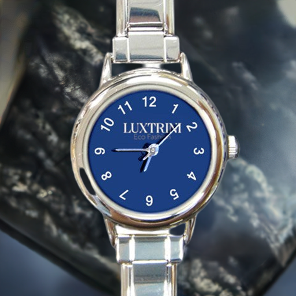 Round Italian Charm Watch - Classic Blue, Customizable Face, Adjustable Stainless Steel Band