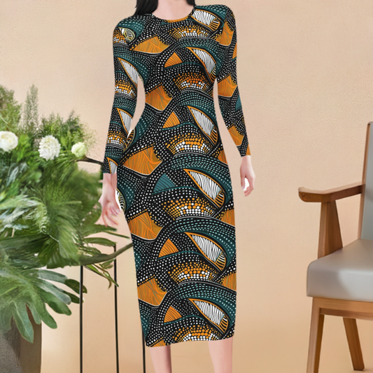 African Wave: Dark Aquamarine & Orange, Hand-Colored, Naturalistic Ocean Waves Women Bodycon Midi Sheath Dress