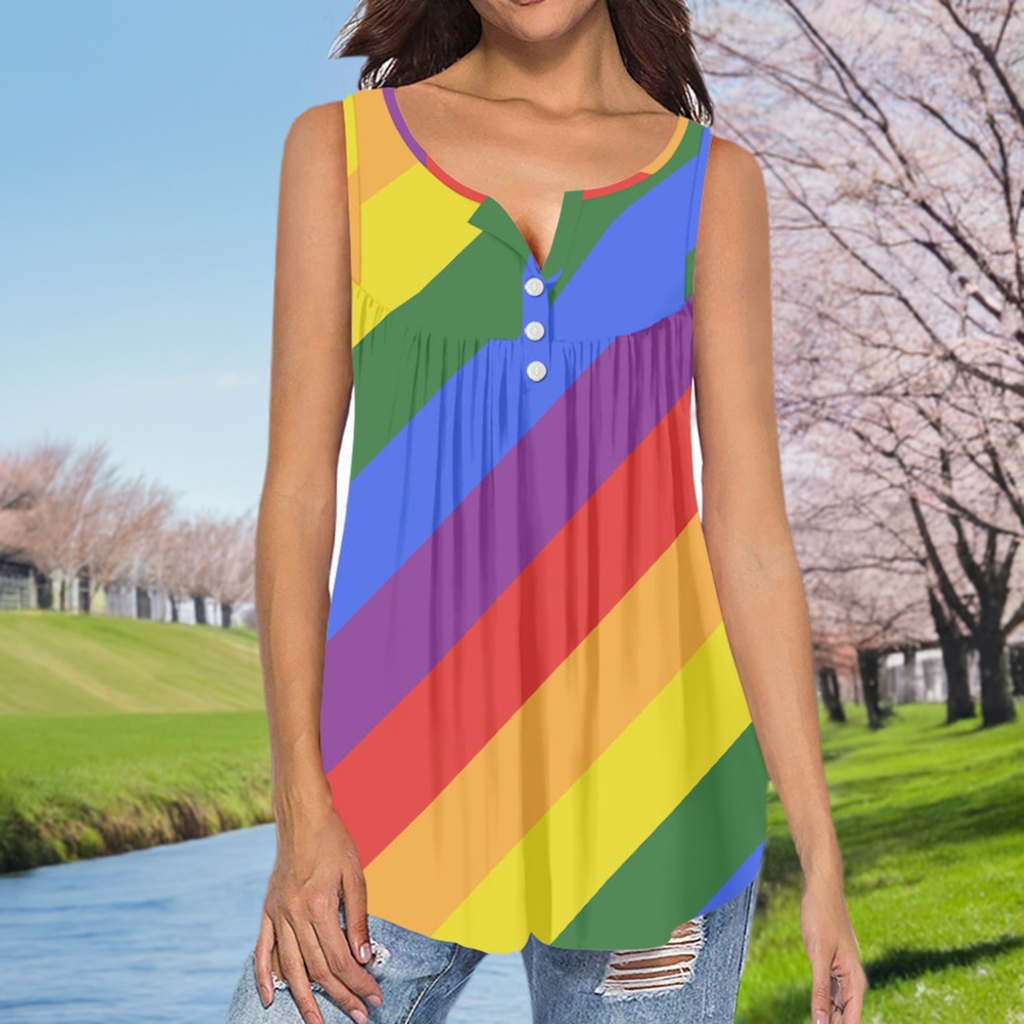 Rainbow Striped Sleeveless V-Neck Top with Button Detail - Colorful Spring/Summer Tank Top for All Body Shapes