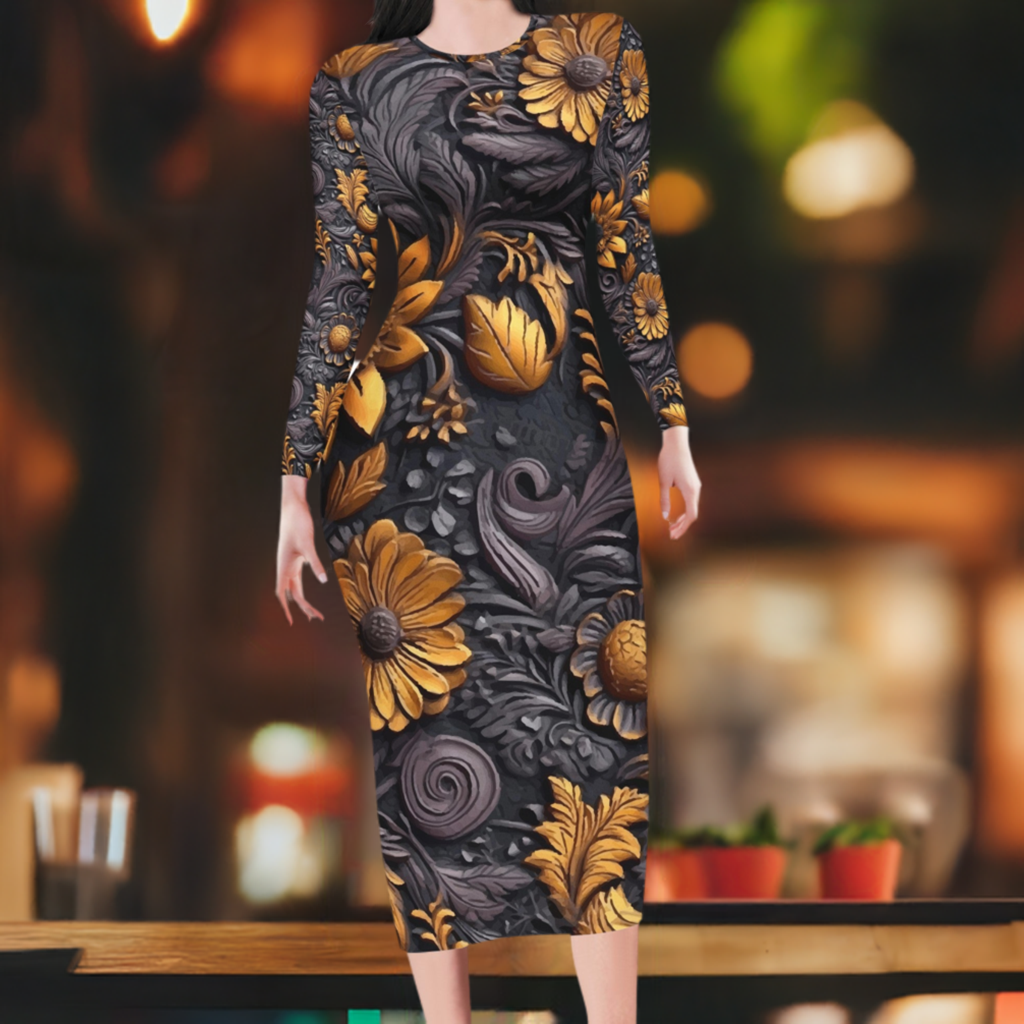 Gold Flowers Woodcut Women Bodycon Midi Sheath Dress