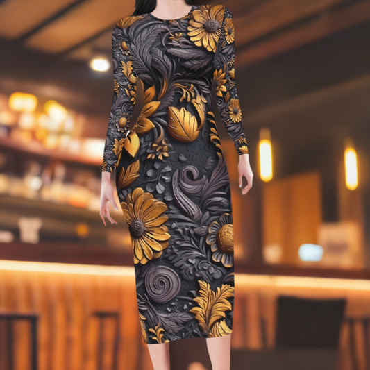 Gold Flowers Woodcut Women Bodycon Midi Sheath Dress