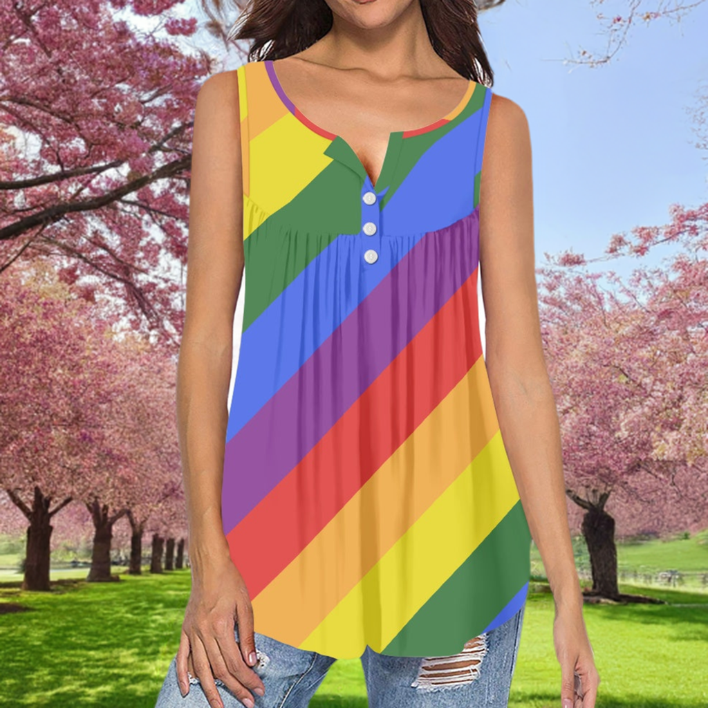 Rainbow Striped Sleeveless V-Neck Top with Button Detail - Colorful Spring/Summer Tank Top for All Body Shapes