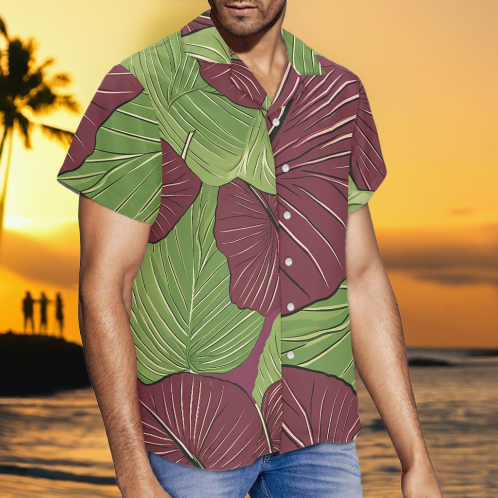 Kalo on Maroon Hawaiian Shirt: A Harmonious Fusion of Tradition and Modern Elegance