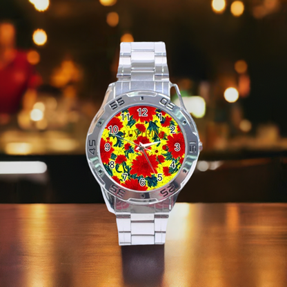 Red Flowers on Yellow Stainless Steel Analogue Watch