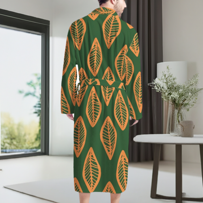 African | Ethnic | Mudcloth | #16 Green and Orange Men's Bathrobe