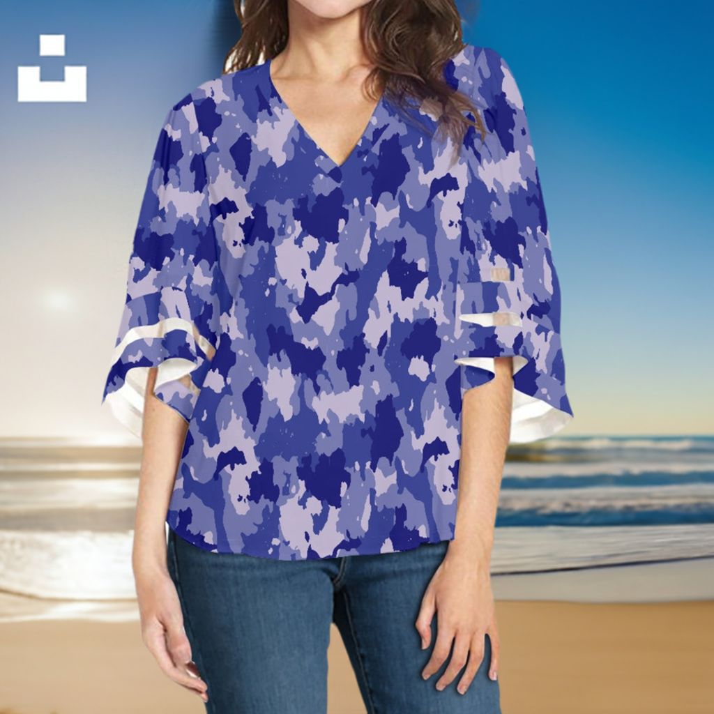 Blue Camo Women Puff Sleeve Blouse