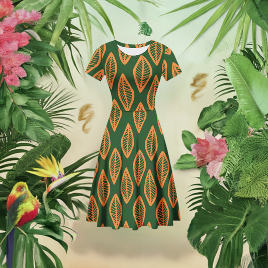 African | Ethnic | Mudcloth | #16 Green and Orange Women Scoop Neck Ruffle Dress