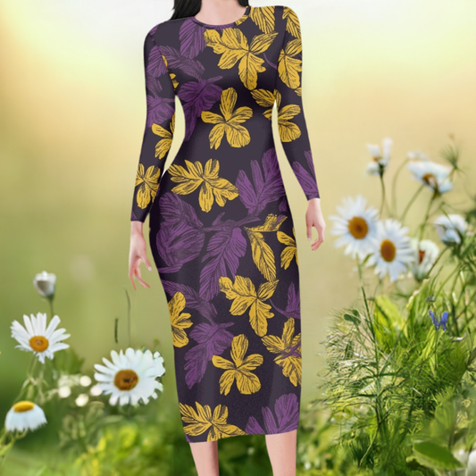 Gold Laua'e Leave on Purple, Women Bodycon Midi Sheath Dress - up to 7XL