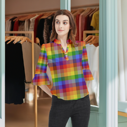 Rainbow Plaid Loose Horn Sleeve Chiffon Blouse