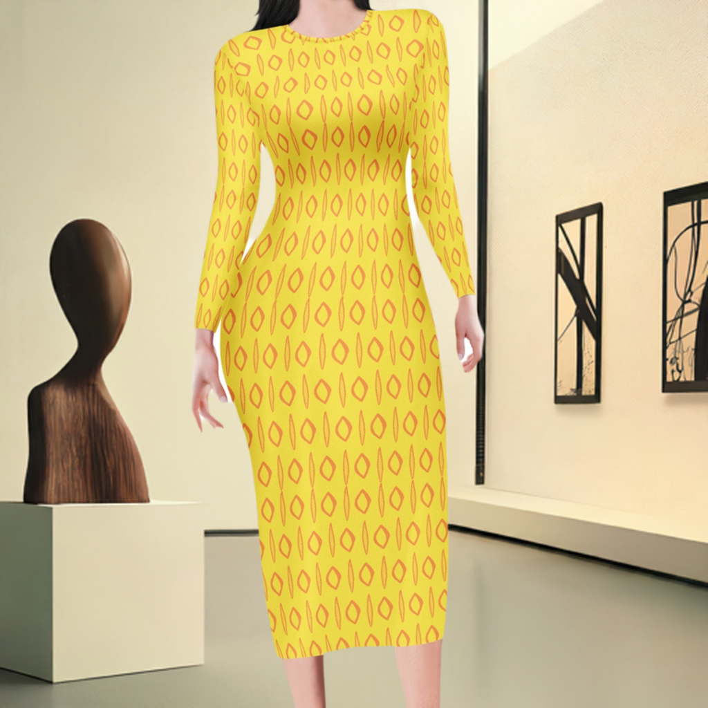 African | Ethnic | Mudcloth | Yellow Women Bodycon Midi Sheath Dress - up to 4XL