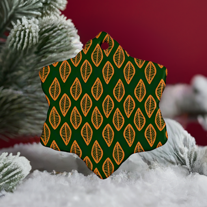 African | Ethnic | Mudcloth | #16 Green and Orange Ornament (Snowflake)