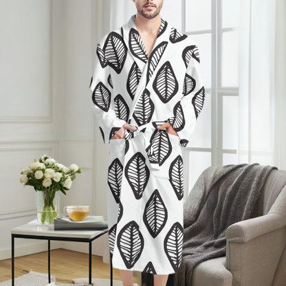 African | Ethnic | Mudcloth | #16 Black and White Men's Bathrobe