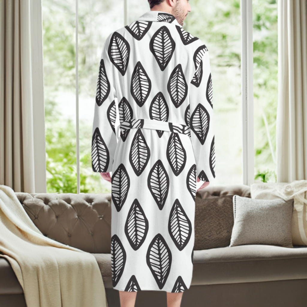 African | Ethnic | Mudcloth | #16 Black and White Men's Bathrobe