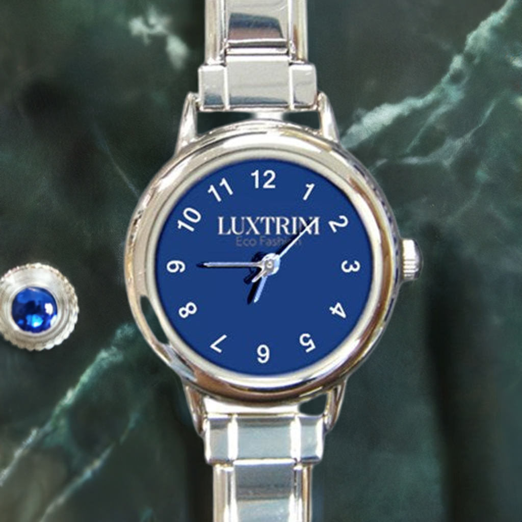 Round Italian Charm Watch - Classic Blue, Customizable Face, Adjustable Stainless Steel Band