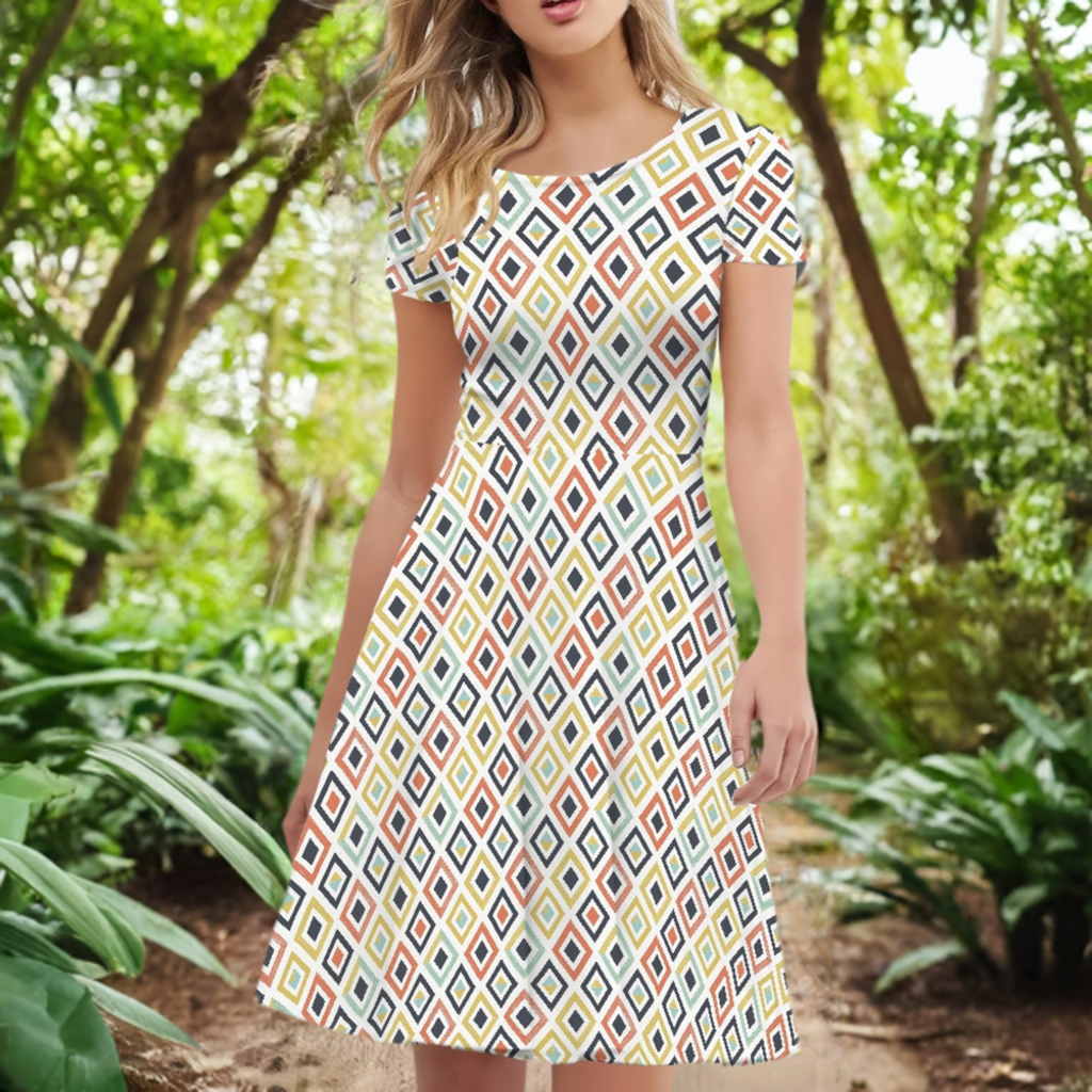 Multicolored Diamonds Women Scoop Neck Short Sleeve Ruffle Dress