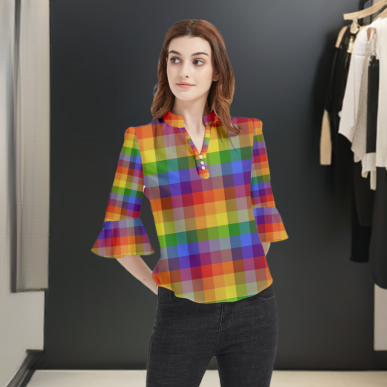 Rainbow Plaid Loose Horn Sleeve Chiffon Blouse