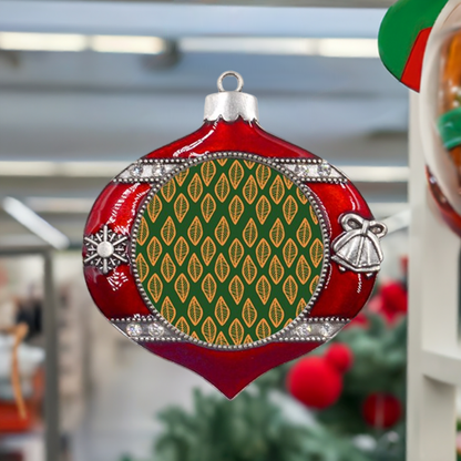 Green and Orange African Mudcloth Metal Snowflake Bell Ornament