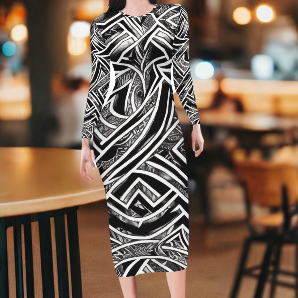 Black and White Polynesian Women Bodycon Midi Sheath Dress - up to 4XL