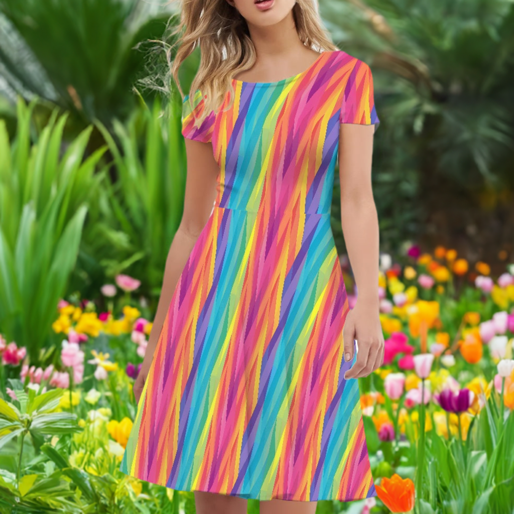 Rainbow Chevron Women Scoop Neck Short Sleeve Ruffle Dress