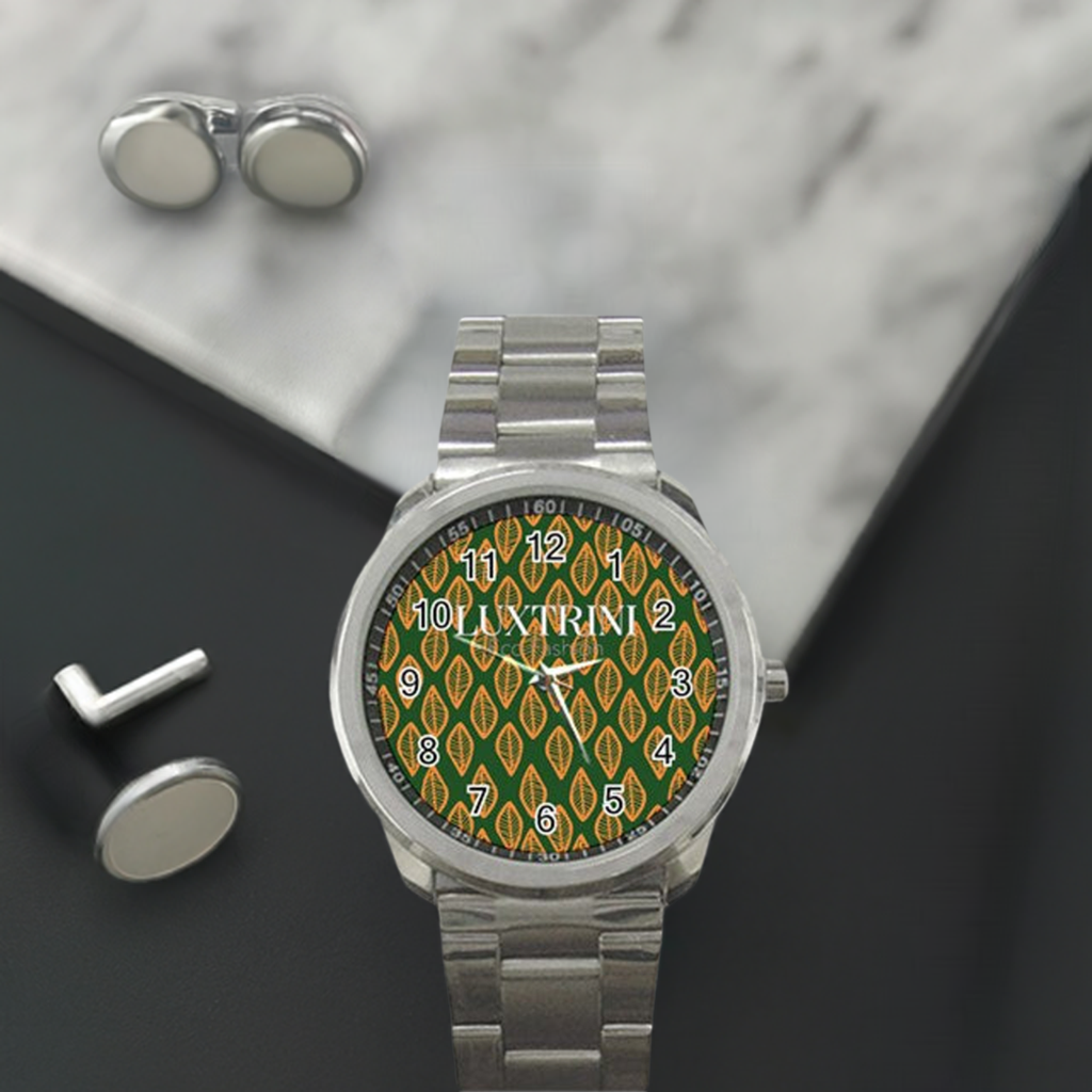 African | Ethnic | Mudcloth | #16 Green and Orange Sport Metal Watch