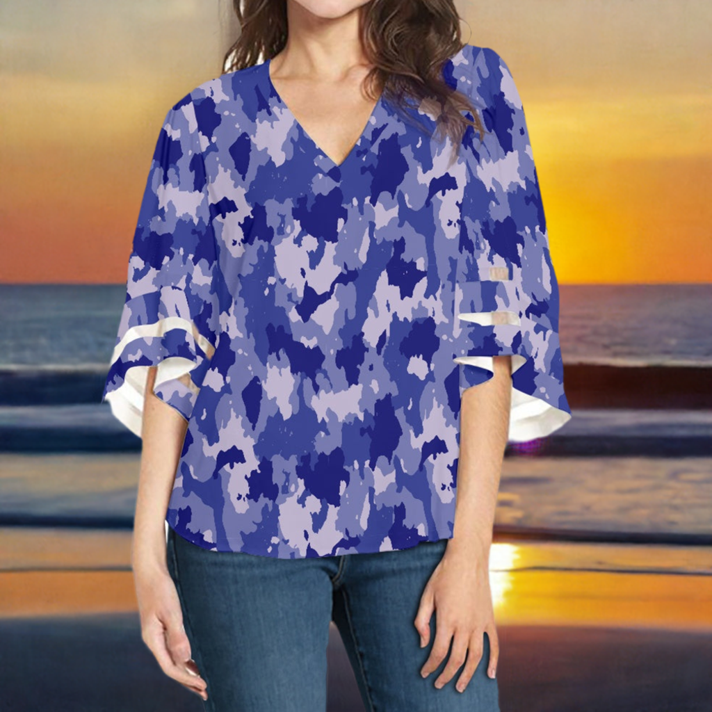 Blue Camo Women Puff Sleeve Blouse