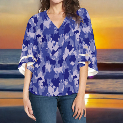 Blue Camo Women Puff Sleeve Blouse