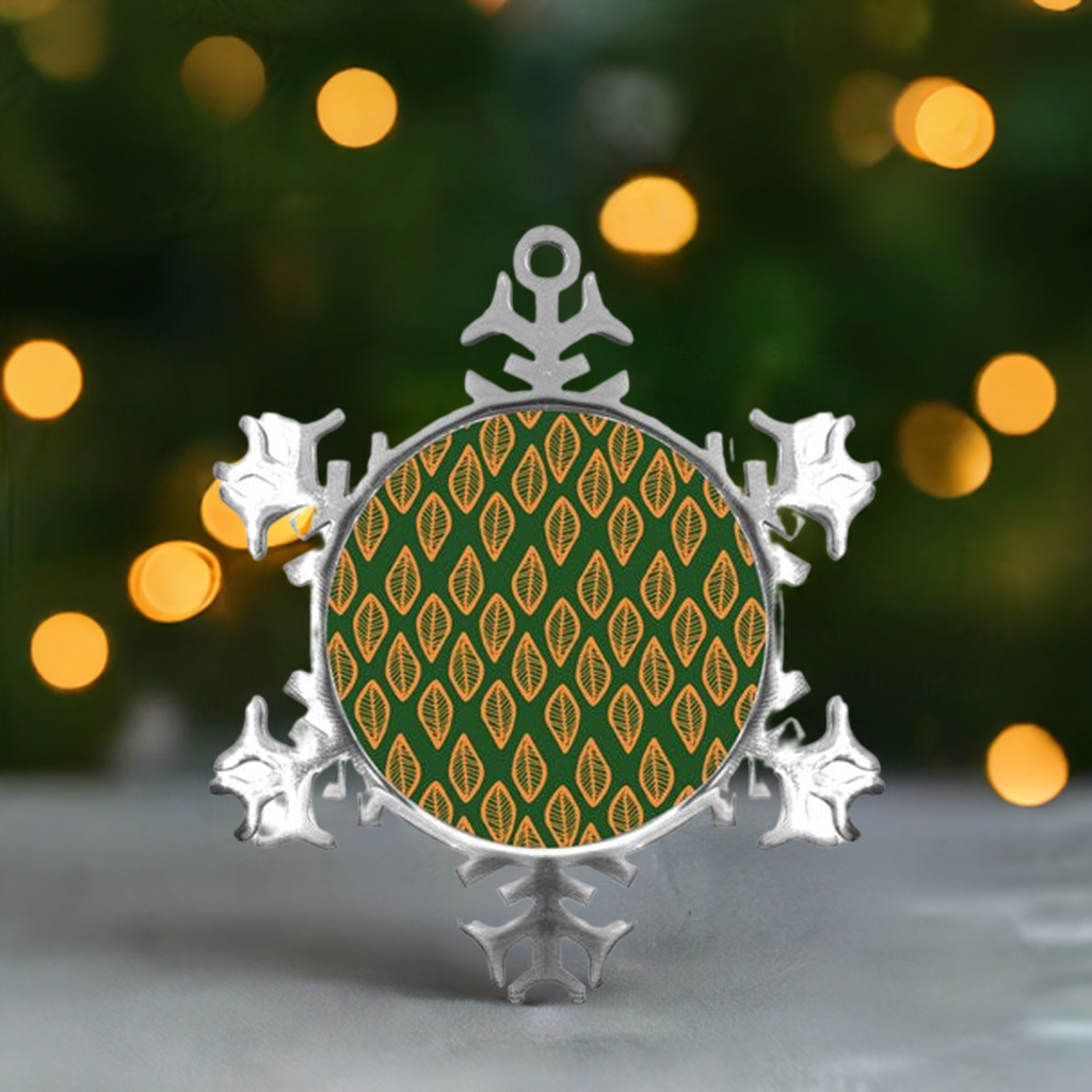 African | Ethnic | Mudcloth | #16 Green and Orange Metal Small Snowflake Ornament