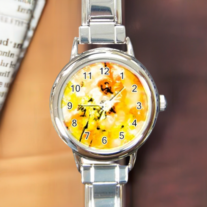 Round Italian Charm Watch Yellow Hibiscus Impressionist