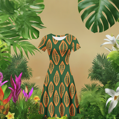 African | Ethnic | Mudcloth | #16 Green and Orange Women Scoop Neck Ruffle Dress