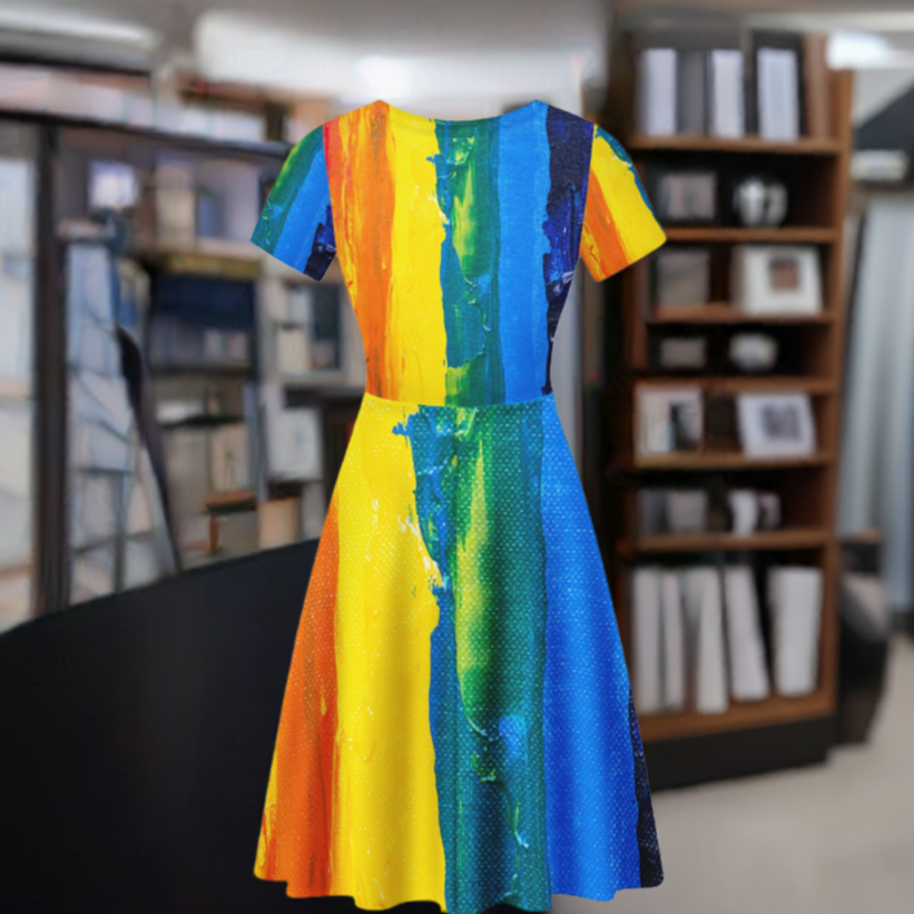 Rainbow Painting Women Scoop Neck Ruffle Dress