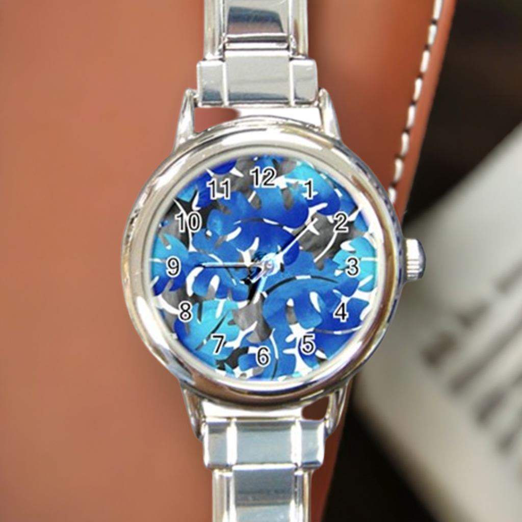 Round Italian Charm Watch Tropical Blues Leaves