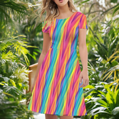 Rainbow Chevron Women Scoop Neck Short Sleeve Ruffle Dress