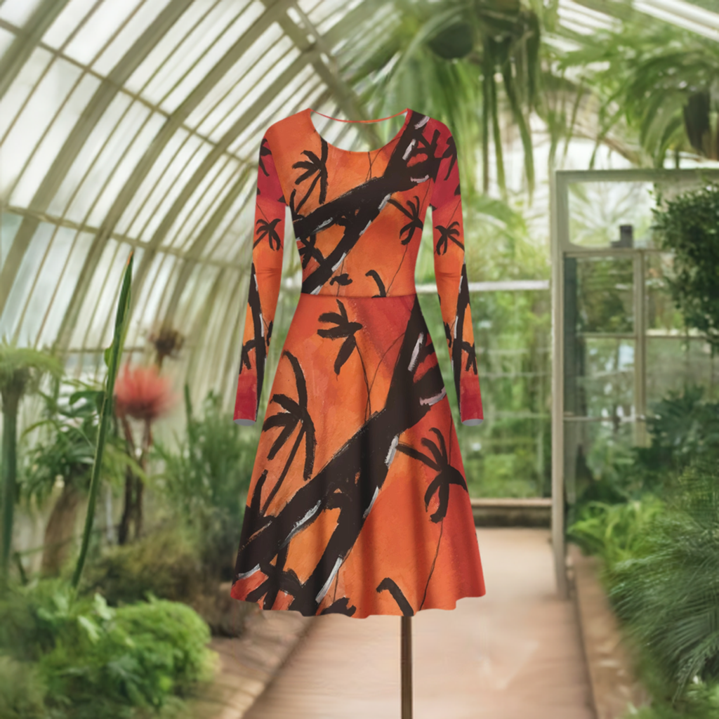 Bamboo at Sunset Women Scoop Neck Long Sleeve Ruffle Dress