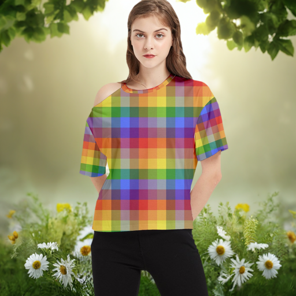 Rainbow Plaid One Shoulder Cut Out T-Shirt - Casual, Chic, and Perfect for Everyday Elegance