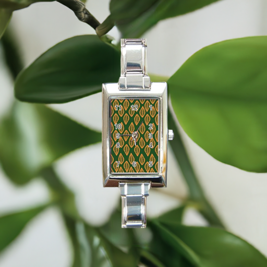 African | Ethnic | Mudcloth | #16 Green and Orange Rectangle Italian Charm Watch