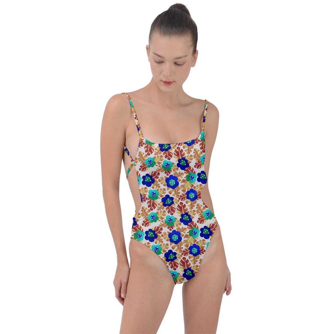 Flowers Tie Strap One Piece Swimsuit  Active