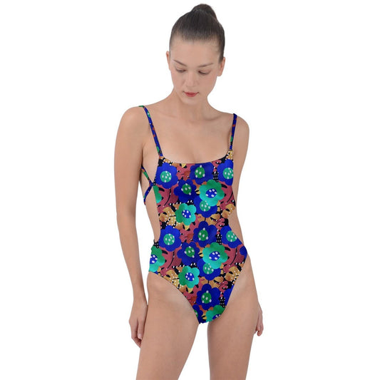 Tie Strap One Piece Swimsuit with Flowers