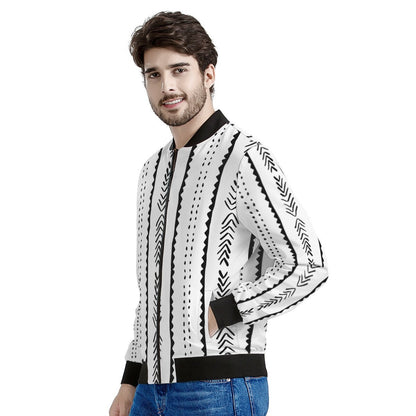 Men's Handmade Ethnic Mudcloth Bomber Jacket in Black and White