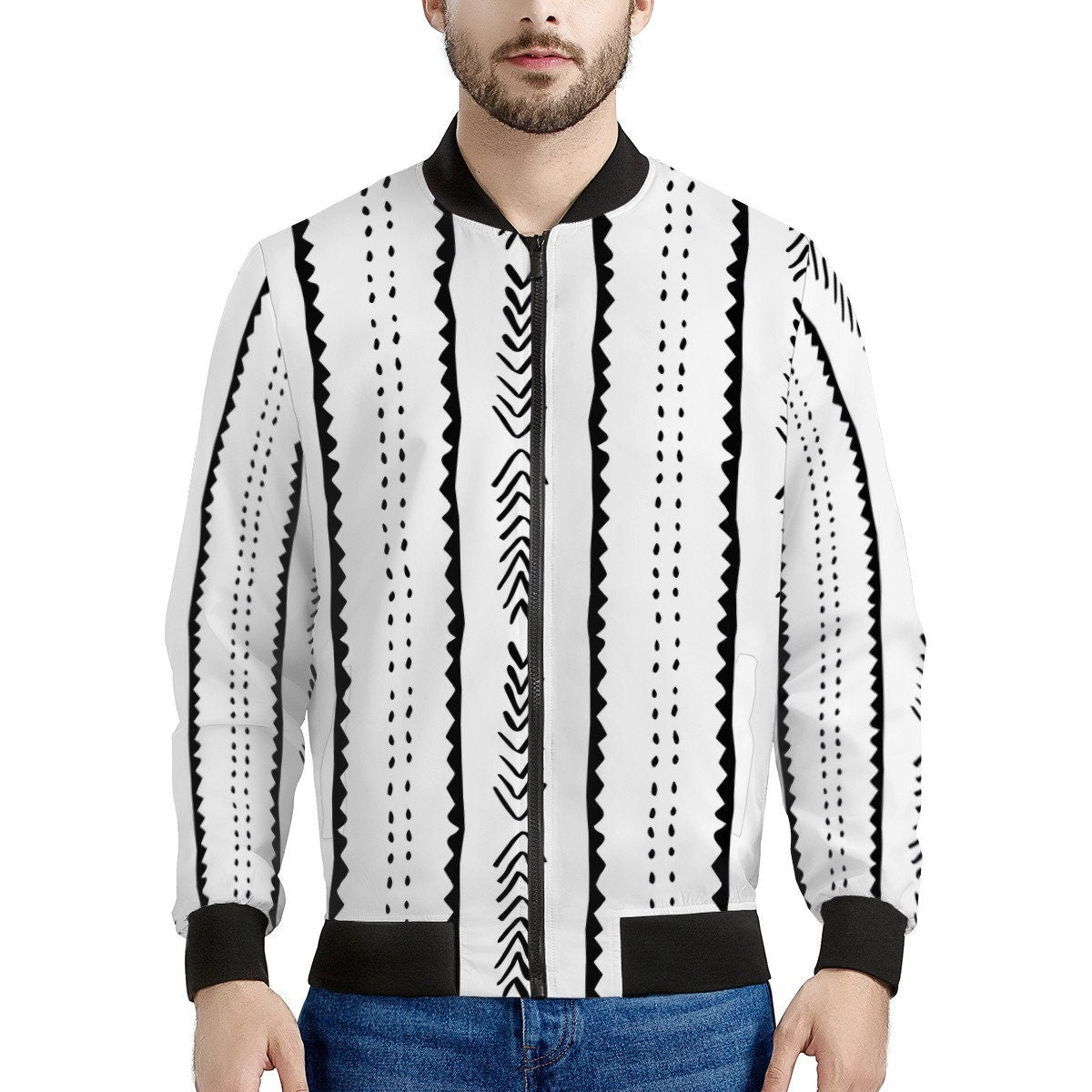 Men's Handmade Ethnic Mudcloth Bomber Jacket in Black and White