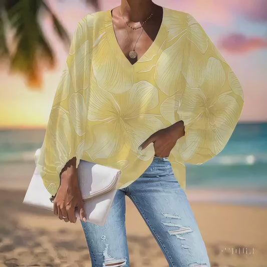 Puakenikeni Hawaiian Floral V-Neck Chiffon Puff Sleeve Blouse by Luxtrini