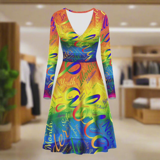 LGBTQ Word Cloud Women V-Neck Long Sleeve Ruffle Dress