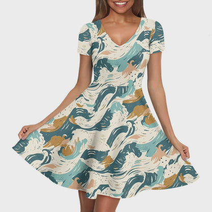 Abstract Waves Women V-Neck Short Sleeve Ruffle Dress