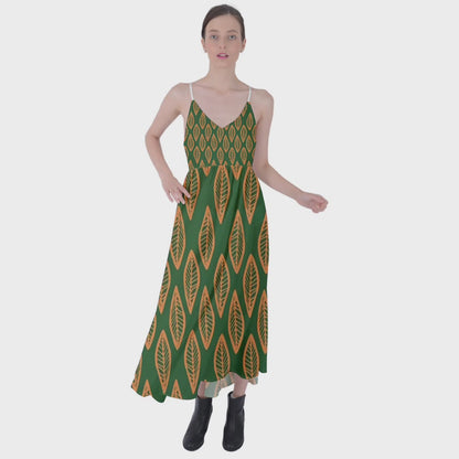 African Ethnic Orange Green Tie Back Maxi Dress