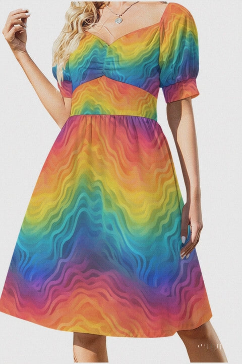 Rainbow Puff Sleeve Dress – Flowy Pride Midi, Short Sleeves & Slim Waist – Colorful Festival or Summer Outfit