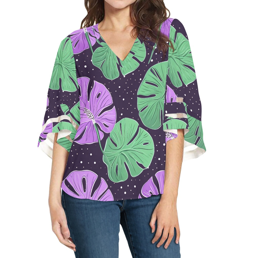 Pink and Green Monstera Women Puff Sleeve Blouse white