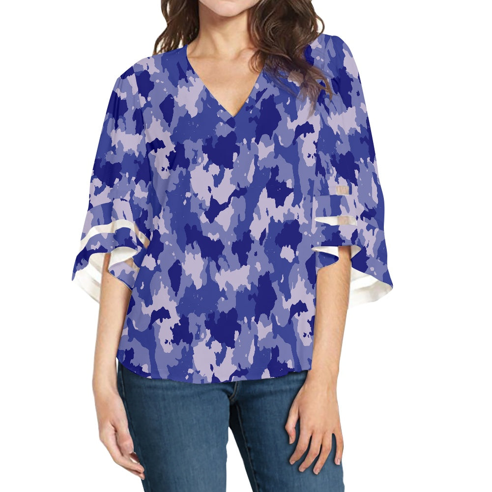Blue Camo Women Puff Sleeve Blouse white