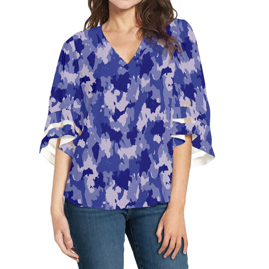 Blue Camo Women Puff Sleeve Blouse white