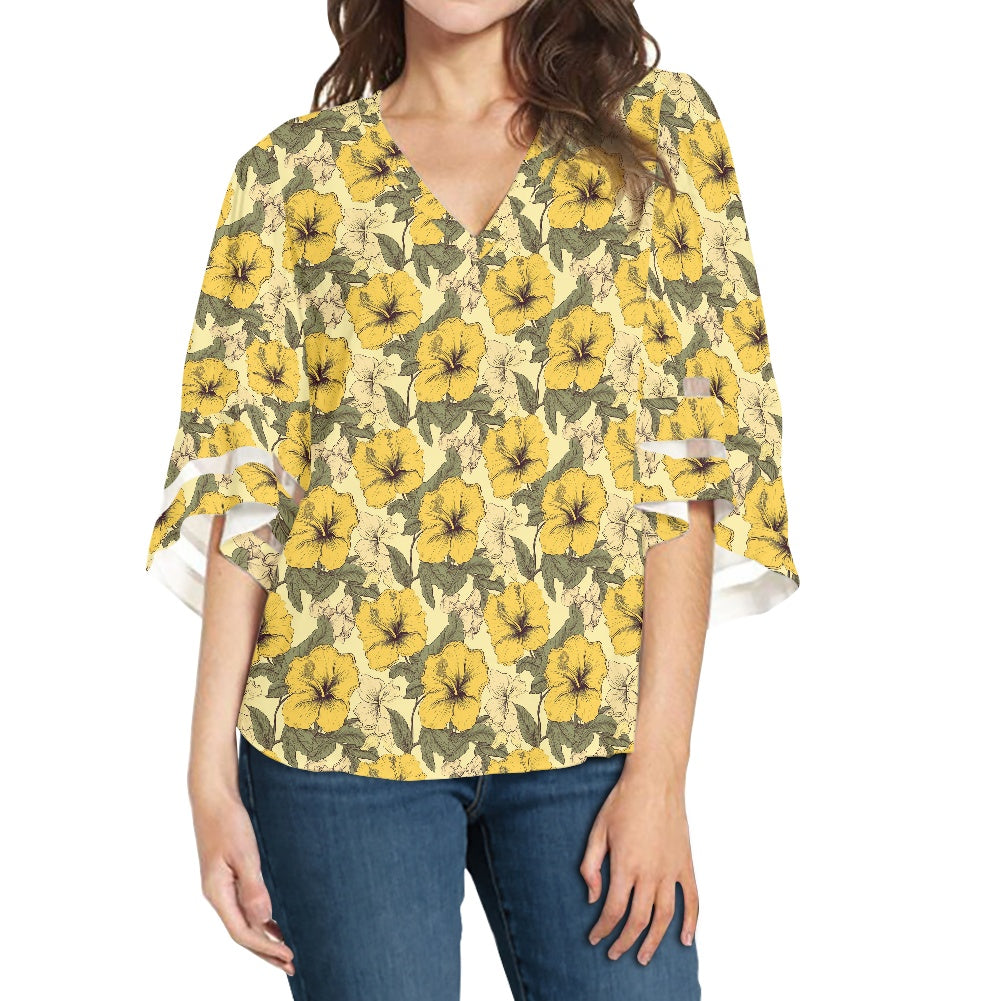 Yellow Hibiscus Women Puff Sleeve Blouse white