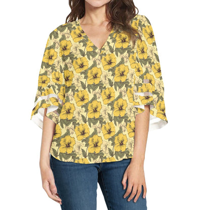 Yellow Hibiscus Women Puff Sleeve Blouse white